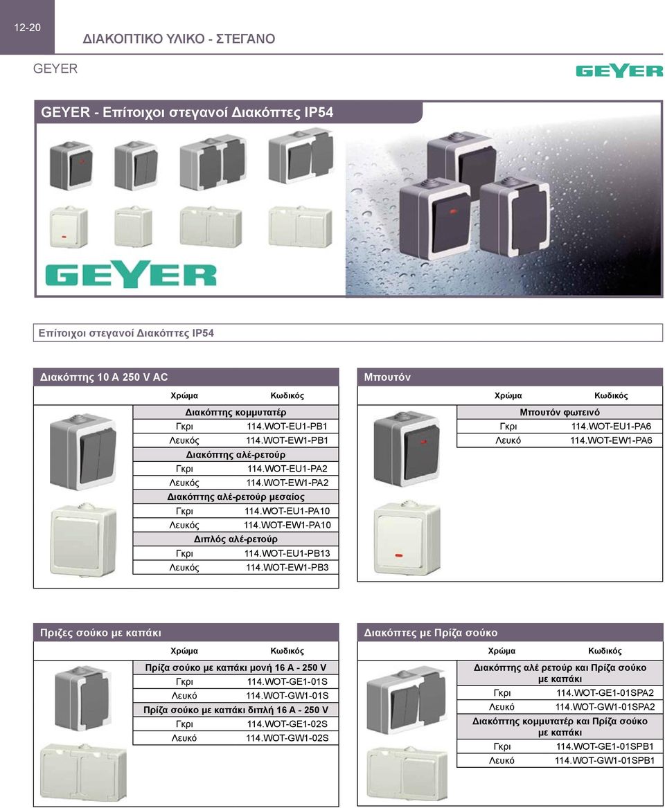 WOT-EW1-PB3 Μπουτόν φωτεινό Γκρι 114.WOT-EU1-PA6 114.WOT-EW1-PA6 Πριζες σούκο με καπάκι Πρίζα σούκο με καπάκι μονή 16 A - 250 V Γκρι 114.WOT-GE1-01S 114.