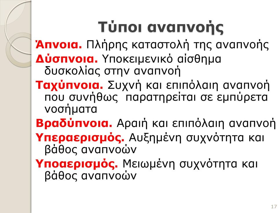 Συχνή και επιπόλαιη αναπνοή που συνήθως παρατηρείται σε εμπύρετα νοσήματα Βραδύπνοια.