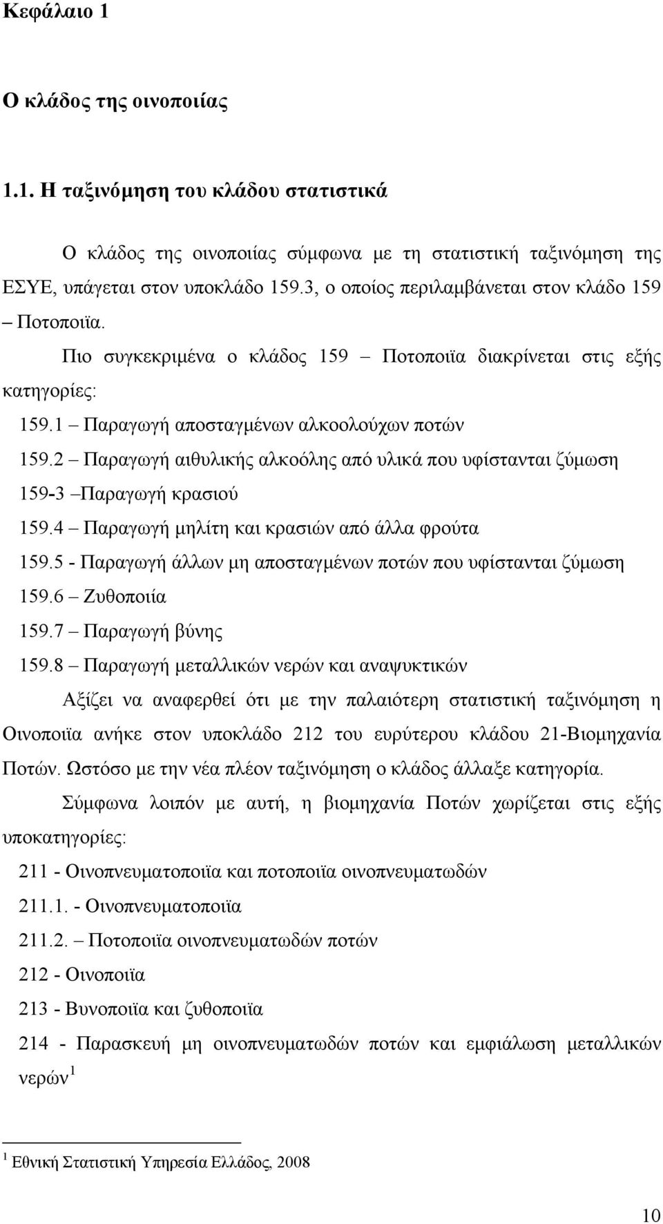 2 Παραγωγή αιθυλικής αλκοόλης από υλικά που υφίστανται ζύμωση 159-3 Παραγωγή κρασιού 159.4 Παραγωγή μηλίτη και κρασιών από άλλα φρούτα 159.