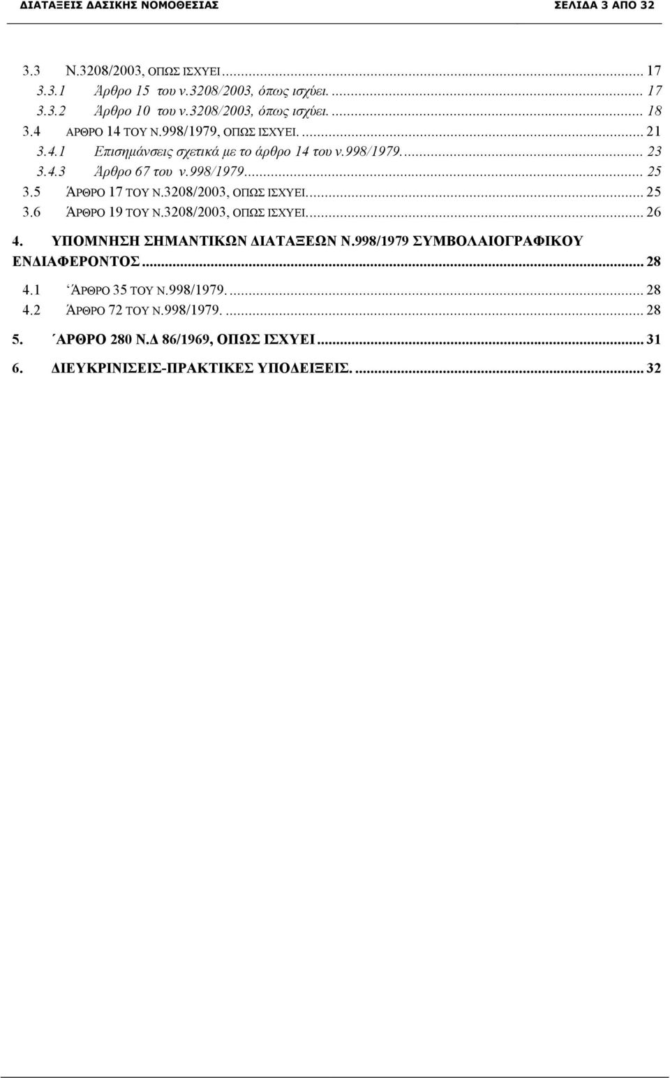 998/1979... 25 3.5 ΆΡΘΡΟ 17 ΤΟΥ Ν.3208/2003, ΟΠΩΣ ΙΣΧΥΕΙ...25 3.6 ΆΡΘΡΟ 19 ΤΟΥ Ν.3208/2003, ΟΠΩΣ ΙΣΧΥΕΙ...26 4. ΥΠΟΜΝΗΣΗ ΣΗΜΑΝΤΙΚΩΝ ΔΙΑΤΑΞΕΩΝ Ν.