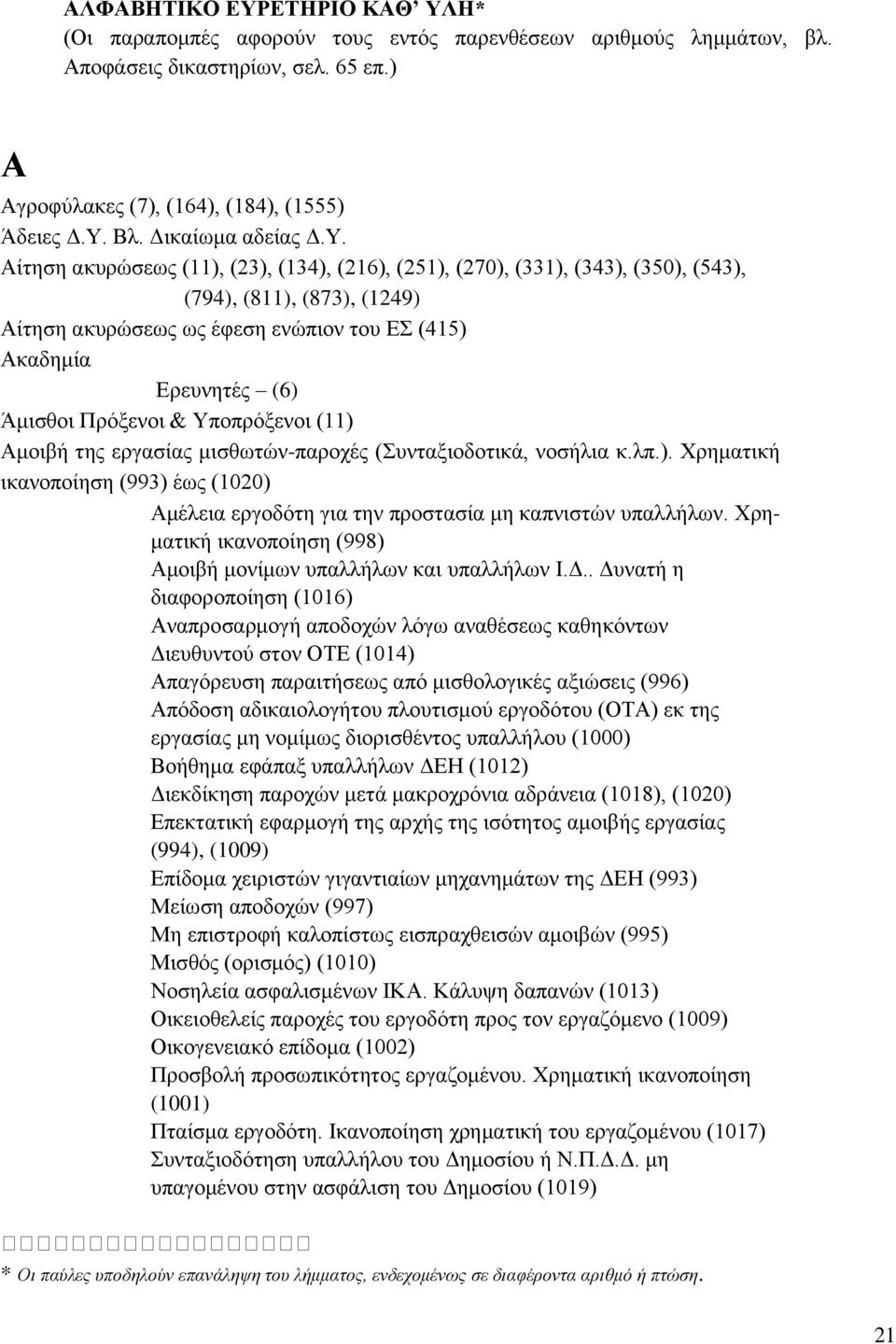 Αίτηση ακυρώσεως (11), (23), (134), (216), (251), (270), (331), (343), (350), (543), (794), (811), (873), (1249) Αίτηση ακυρώσεως ως έφεση ενώπιον του ΕΣ (415) Ακαδημία Ερευνητές (6) Άμισθοι Πρόξενοι