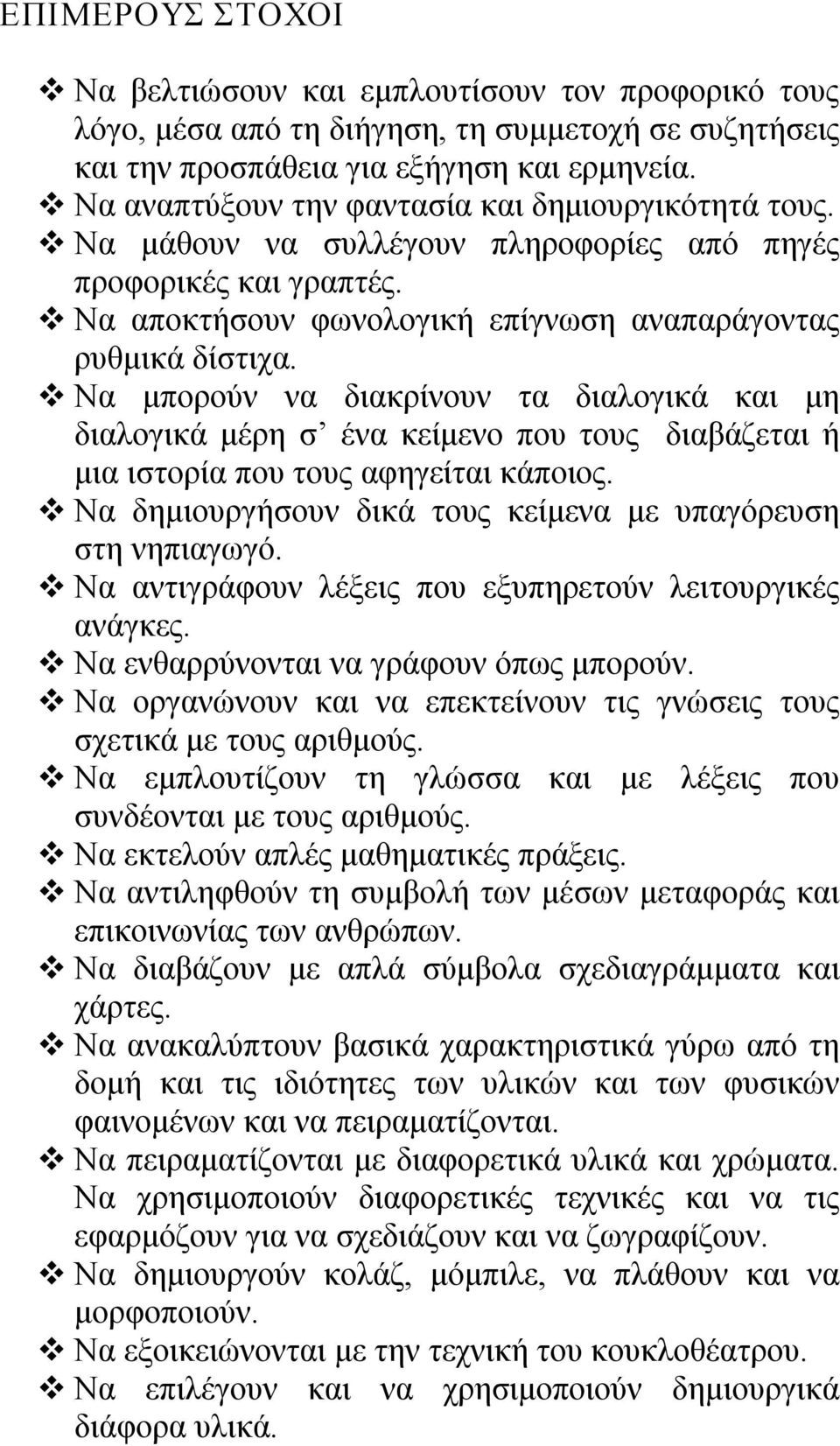 Να μπορούν να διακρίνουν τα διαλογικά και μη διαλογικά μέρη σ ένα κείμενο που τους διαβάζεται ή μια ιστορία που τους αφηγείται κάποιος. Να δημιουργήσουν δικά τους κείμενα με υπαγόρευση στη νηπιαγωγό.