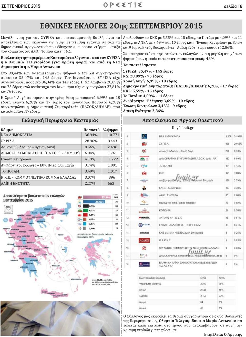 ολυμπία Τελιγιορίδου (για πρώτη φορά) και από τη Νεά Δημοκρατία η κ. Μαρία Αντωνίου Στο 99,44% των καταμετρημενων ψηφων ο ΣΥΡΙΖΑ συγκεντρωνει ποσοστο 35,47% και 145 εδρες.