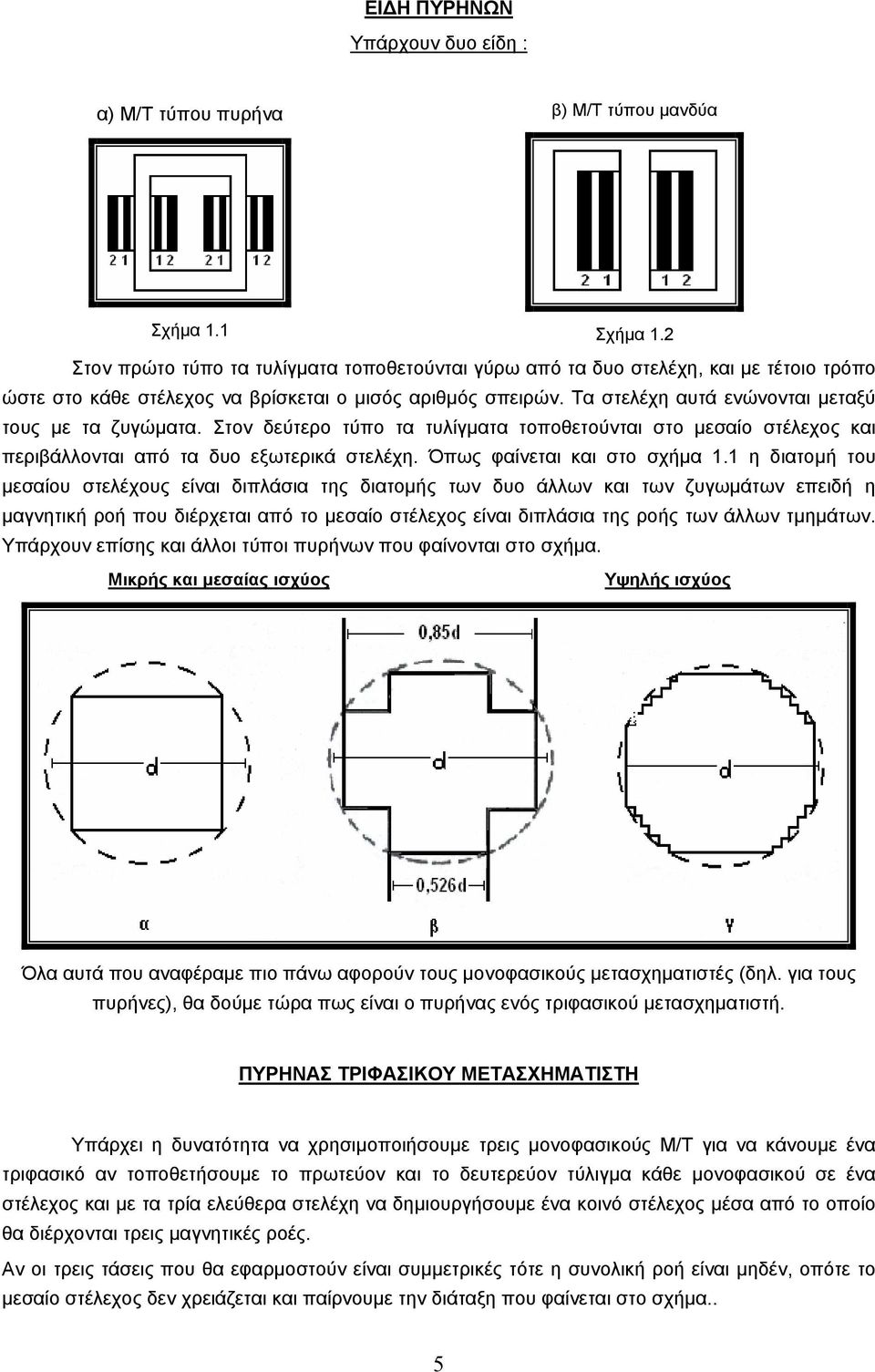 Τα στελέχη αυτά ενώνονται µεταξύ τους µε τα ζυγώµατα. Στον δεύτερο τύπο τα τυλίγµατα τοποθετούνται στο µεσαίο στέλεχος και περιβάλλονται από τα δυο εξωτερικά στελέχη. Όπως φαίνεται και στο σχήµα.