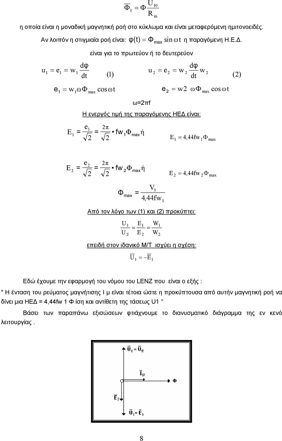 max Φ max ή V 4, 44fw E 4,44 fw Φ max Από τον λόγο των () και () προκύπτει: E E W W επειδή στον ιδανικό Μ/Τ ισχύει η σχέση: E Εδώ έχουµε την εφαρµογή του νόµου του LENZ που είναι ο εξής : " Η
