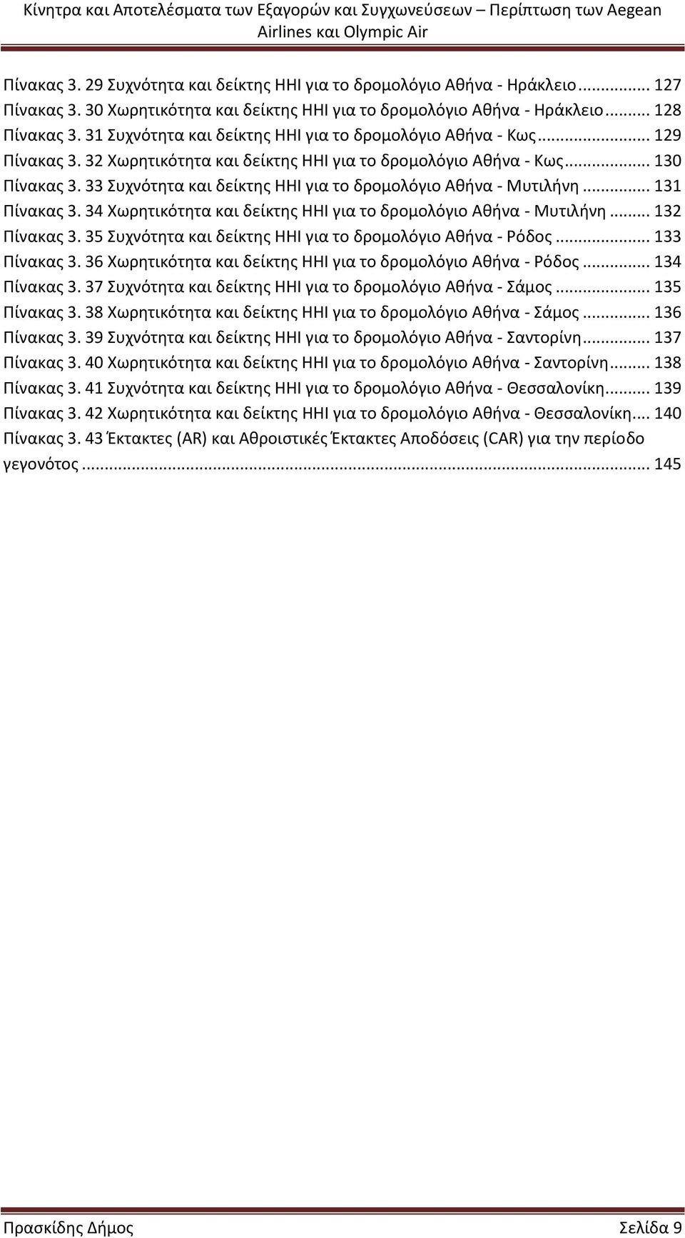 33 Συχνότητα και δείκτης ΗΗΙ για το δρομολόγιο Αθήνα - Μυτιλήνη... 131 Πίνακας 3. 34 Χωρητικότητα και δείκτης ΗΗΙ για το δρομολόγιο Αθήνα - Μυτιλήνη... 132 Πίνακας 3.