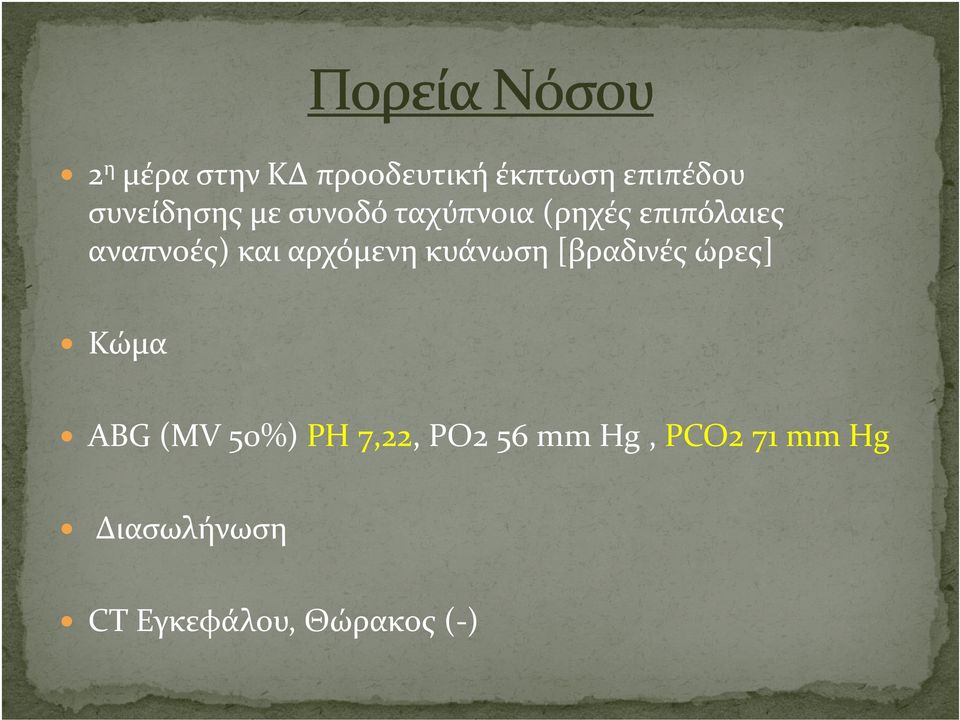 αρχόμενη κυάνωση [βραδινές ώρες] Κώμα ABG (MV 50%) PH