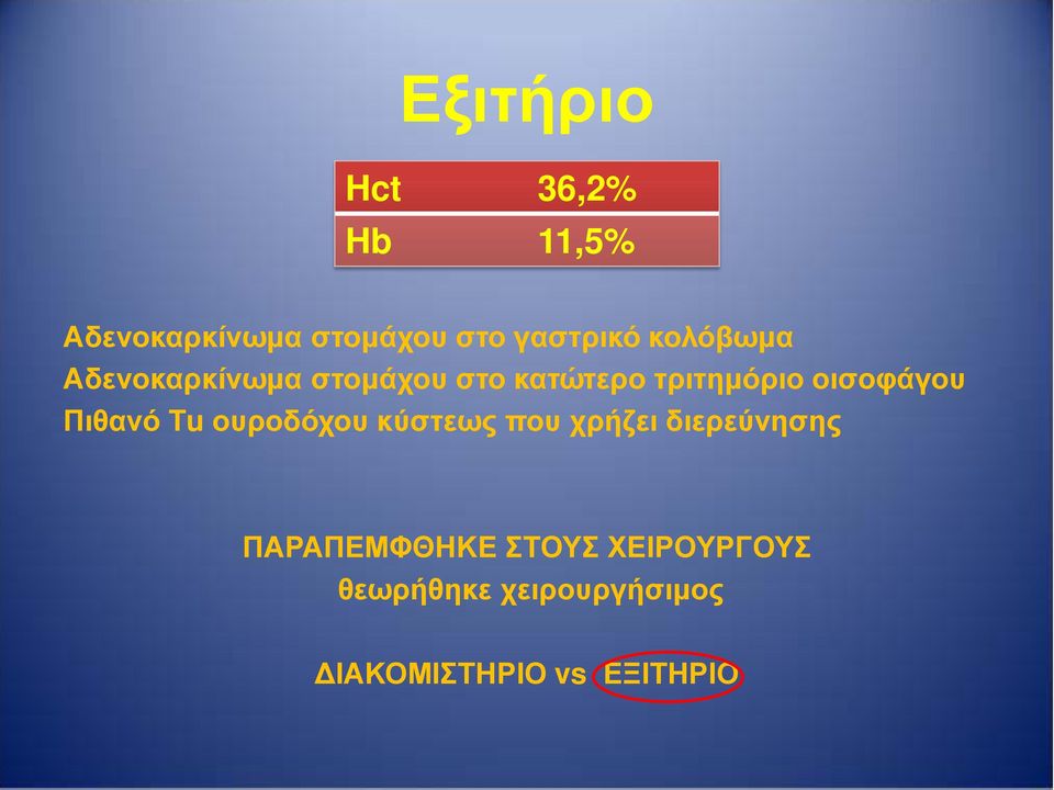 οισοφάγου Πιθανό Τu ουροδόχου κύστεως που χρήζει διερεύνησης