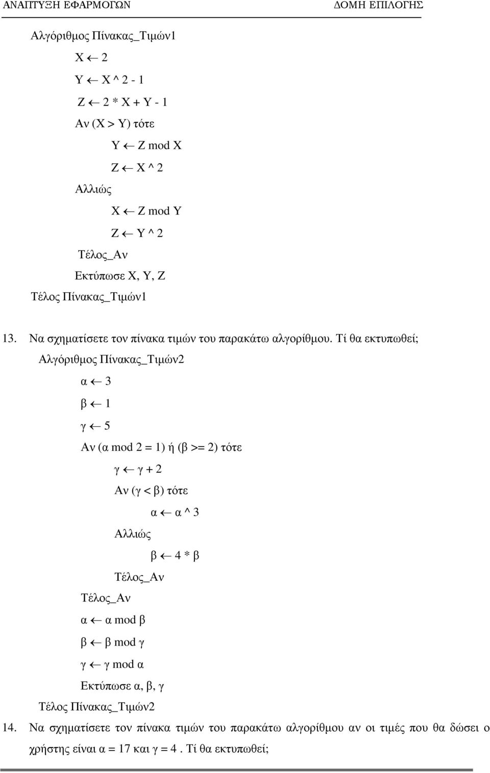 Τί θα εκτυπωθεί; Αλγόριθµος Πίνακας_Τιµών2 α 3 β 1 γ 5 Αν (α mod 2 = 1) ή (β >= 2) τότε γ γ + 2 Αν (γ < β) τότε α α ^ 3 Αλλιώς β 4 * β Τέλος_Αν