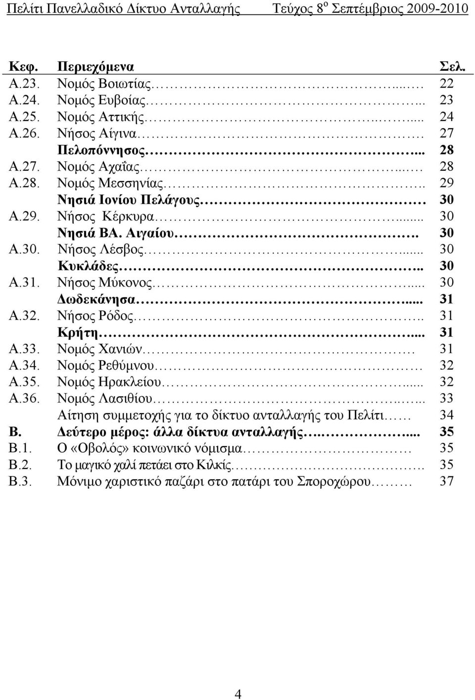 . 31 Κρήτη... 31 Α.33. Νομός Χανιών. 31 Α.34. Νομός Ρεθύμνου 32 Α.35. Νομός Ηρακλείου... 32 Α.36. Νομός Λασιθίου..... 33 Αίτηση συμμετοχής για το δίκτυο ανταλλαγής του Πελίτι 34 Β.