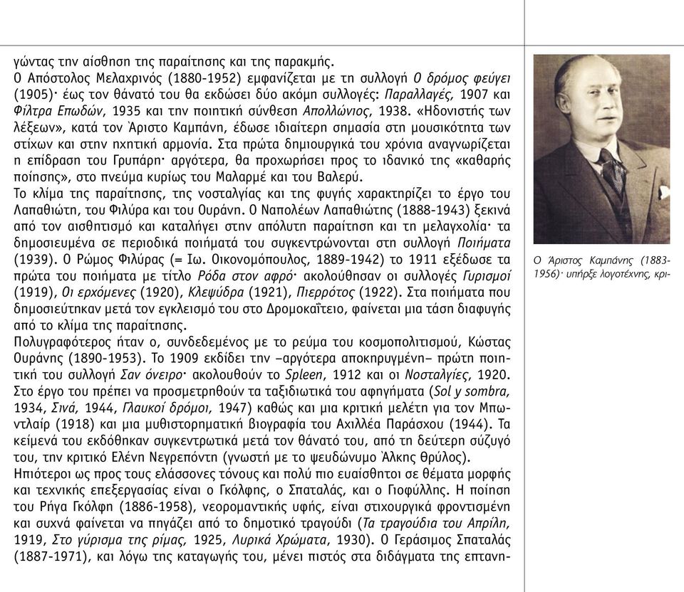 Απολλώνιος, 1938. «Ηδονιστής των λέξεων», κατά τον Άριστο Καµπάνη, έδωσε ιδιαίτερη σηµασία στη µουσικότητα των στίχων και στην ηχητική αρµονία.