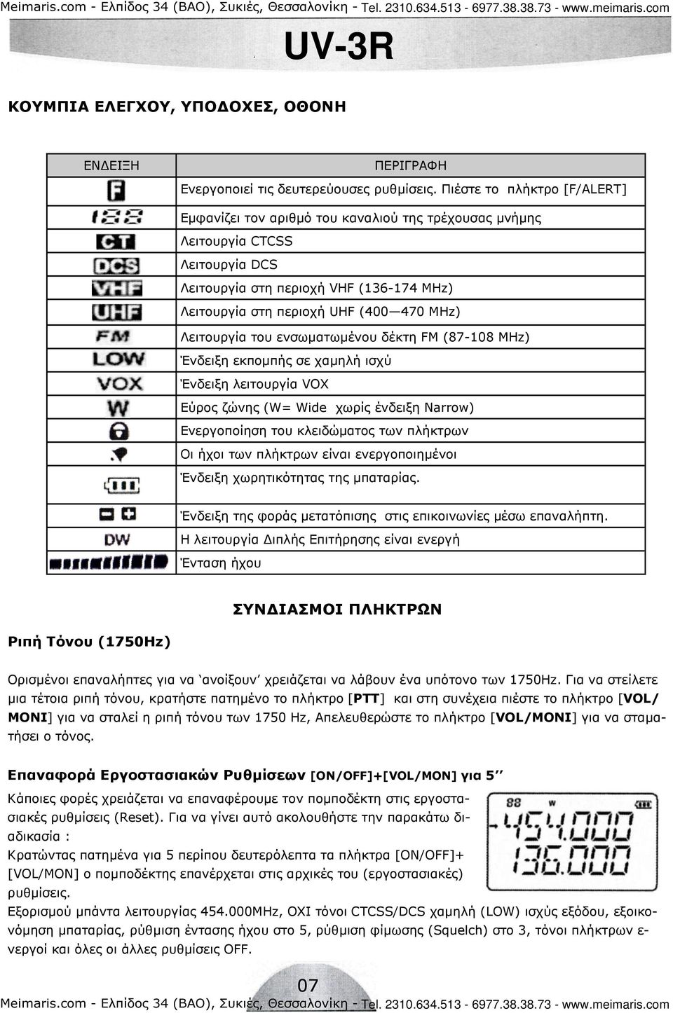 Λειτουργία του ενσωµατωµένου δέκτη FM (87-108 ΜHz) Ένδειξη εκποµπής σε χαµηλή ισχύ Ένδειξη λειτουργία VOX Εύρος ζώνης (W= Wide χωρίς ένδειξη Narrow) Ενεργοποίηση του κλειδώµατος των πλήκτρων Οι ήχοι