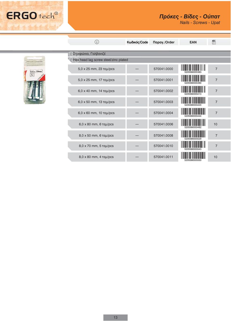 0002 6,0 x 50 mm, 13 τεμ/pcs 50041.0003 6,0 x 60 mm, τεμ/pcs 50041.0004 6,0 x 80 mm, 6 τεμ/pcs 50041.