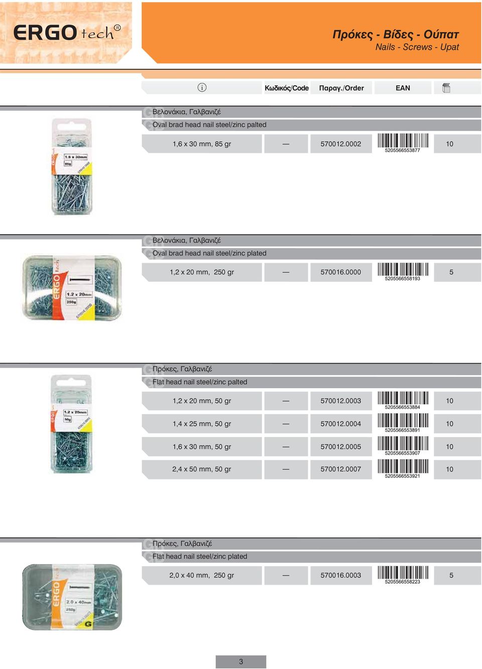 0000 5 Πρόκες, Γαλβανιζέ Flat head nal steel/znc palted 1,2 x 20 mm, 50 gr 50012.0003 1,4 x 25 mm, 50 gr 50012.