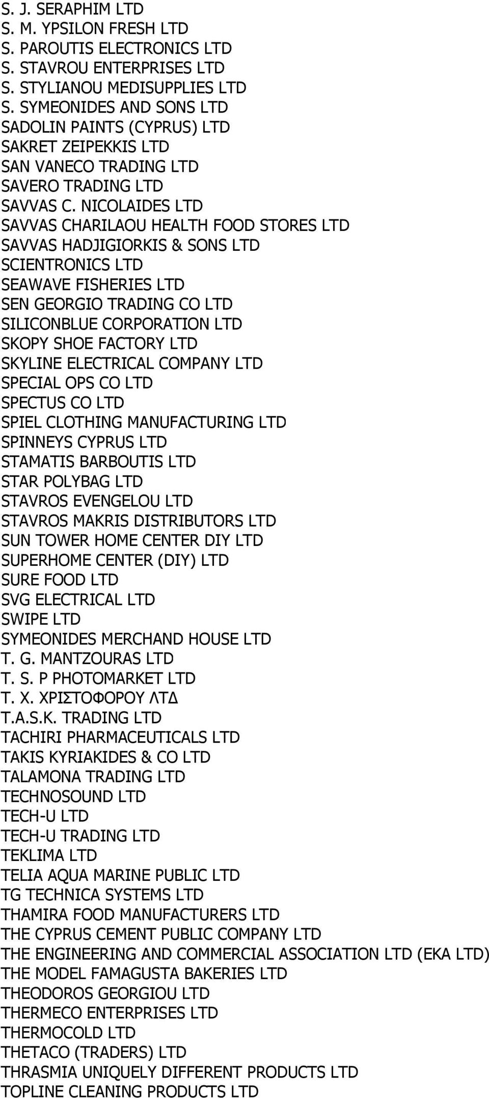 NICOLAIDES LTD SAVVAS CHARILAOU HEALTH FOOD STORES LTD SAVVAS HADJIGIORKIS & SONS LTD SCIENTRONICS LTD SEAWAVE FISHERIES LTD SEN GEORGIO TRADING CO LTD SILICONBLUE CORPORATION LTD SKOPY SHOE FACTORY