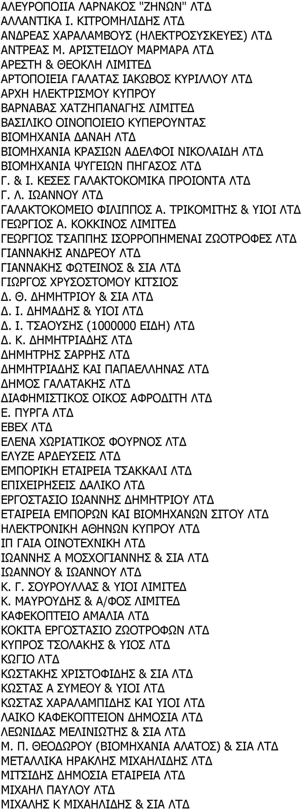 ΚΡΑΣΙΩΝ Α ΕΛΦΟΙ ΝΙΚΟΛΑΙ Η ΛΤ ΒΙΟΜΗΧΑΝΙΑ ΨΥΓΕΙΩΝ ΠΗΓΑΣΟΣ ΛΤ Γ. & Ι. ΚΕΣΕΣ ΓΑΛΑΚΤΟΚΟΜΙΚΑ ΠΡΟΙΟΝΤΑ ΛΤ Γ. Λ. ΙΩΑΝΝΟΥ ΛΤ ΓΑΛΑΚΤΟΚΟΜΕΙΟ ΦΙΛΙΠΠΟΣ Α. ΤΡΙΚΟΜΙΤΗΣ & ΥΙΟΙ ΛΤ ΓΕΩΡΓΙΟΣ Α.