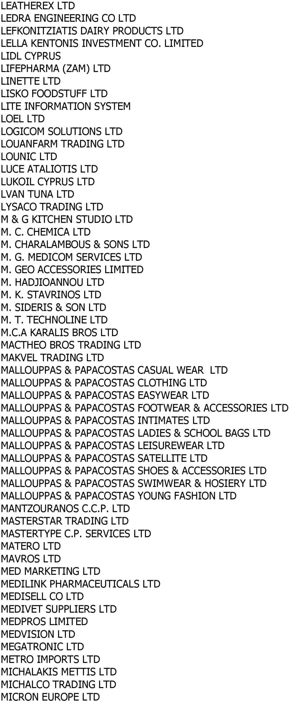 LVAN TUNA LTD LYSACO TRADING LTD M & G KITCHEN STUDIO LTD M. C. CHEMICA LTD M. CHARALAMBOUS & SONS LTD M. G. MEDICOM SERVICES LTD M. GEO ACCESSORIES LIMITED M. HADJIOANNOU LTD M. K. STAVRINOS LTD M.