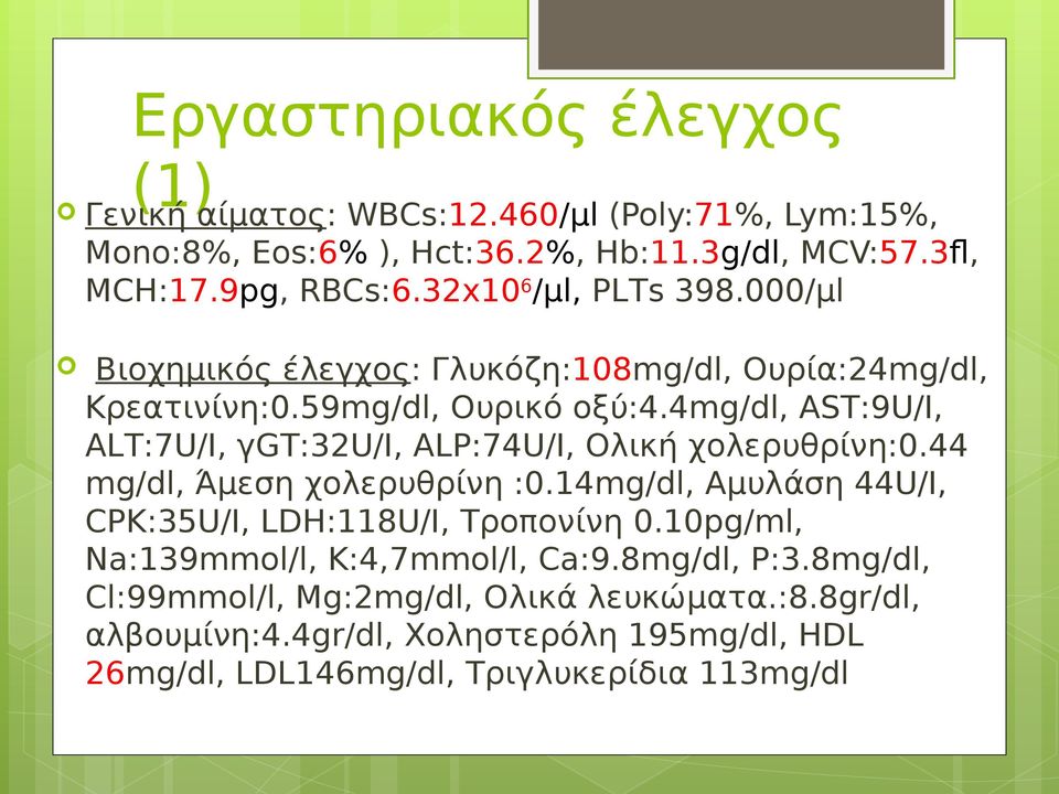 4mg/dl, AST:9U/I, ALT:7U/I, γgt:32u/i, ALP:74U/I, Ολική χολερυθρίνη:0.44 mg/dl, Άμεση χολερυθρίνη :0.