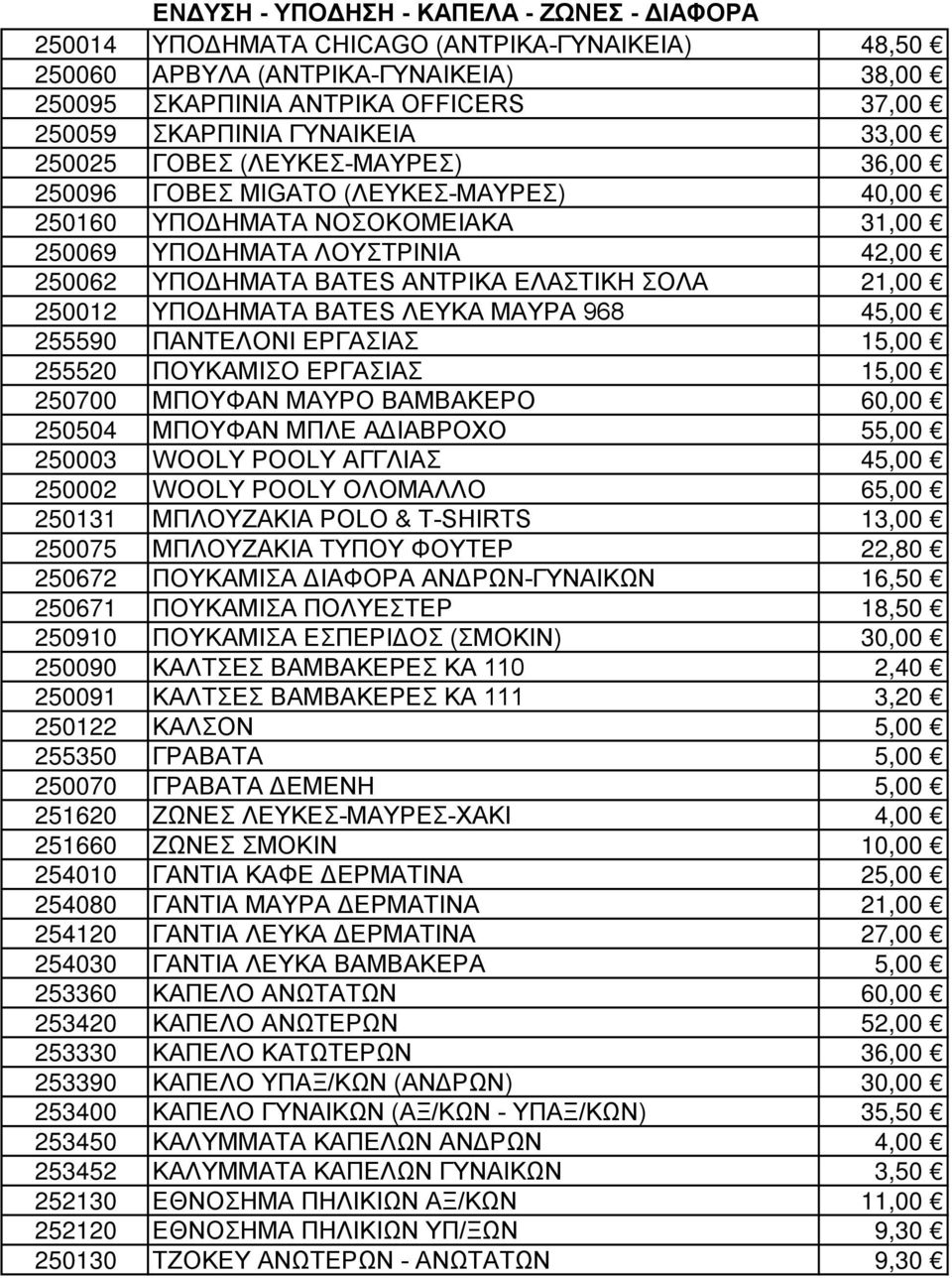 ΕΛΑΣΤΙΚΗ ΣΟΛΑ 21,00 250012 ΥΠΟΔΗΜΑΤΑ BATES ΛΕΥΚΑ ΜΑΥΡΑ 968 45,00 255590 ΠΑΝΤΕΛΟΝΙ ΕΡΓΑΣΙΑΣ 15,00 255520 ΠΟΥΚΑΜΙΣΟ ΕΡΓΑΣΙΑΣ 15,00 250700 ΜΠΟΥΦΑΝ ΜΑΥΡΟ ΒΑΜΒΑΚΕΡΟ 60,00 250504 ΜΠΟΥΦΑΝ ΜΠΛΕ ΑΔΙΑΒΡΟΧΟ