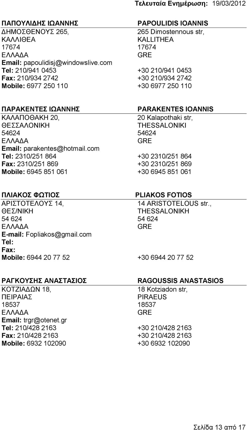 parakentes@hotmail.com 2310/251 864 +30 2310/251 864 2310/251 869 +30 2310/251 869 Mobile: 6945 851 061 +30 6945 851 061 ΠΛΙΑΚΟΣ ΦΩΤΙΟΣ PLIAKOS FOTIOS ΑΡΙΣΤΟΤΕΛΟΥΣ 14, 14 ARISTOTELOUS str.