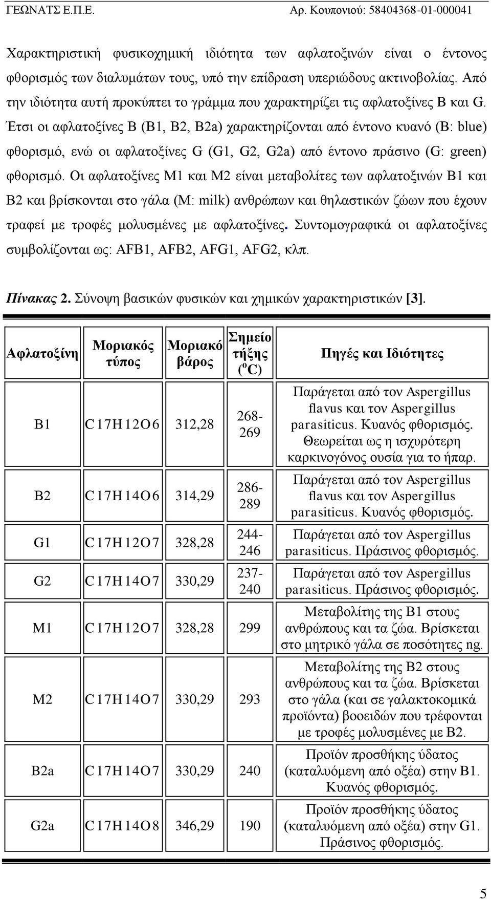 Έτσι οι αφλατοξίνες B (B1, B2, B2a) χαρακτηρίζονται από έντονο κυανό (B: blue) φθορισμό, ενώ οι αφλατοξίνες G (G1, G2, G2a) από έντονο πράσινο (G: green) φθορισμό.