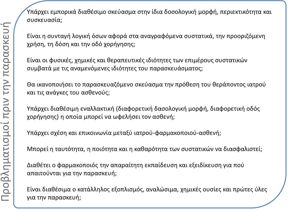 ικανοποιήσει το παρασκευαζόμενο σκεύασμα την πρόθεση του θεράποντος ιατρού και τις ανάγκες του ασθενούς; Υπάρχει διαθέσιμη εναλλακτική (διαφορετική δασολογική μορφή, διαφορετική οδός χορήγησης) η