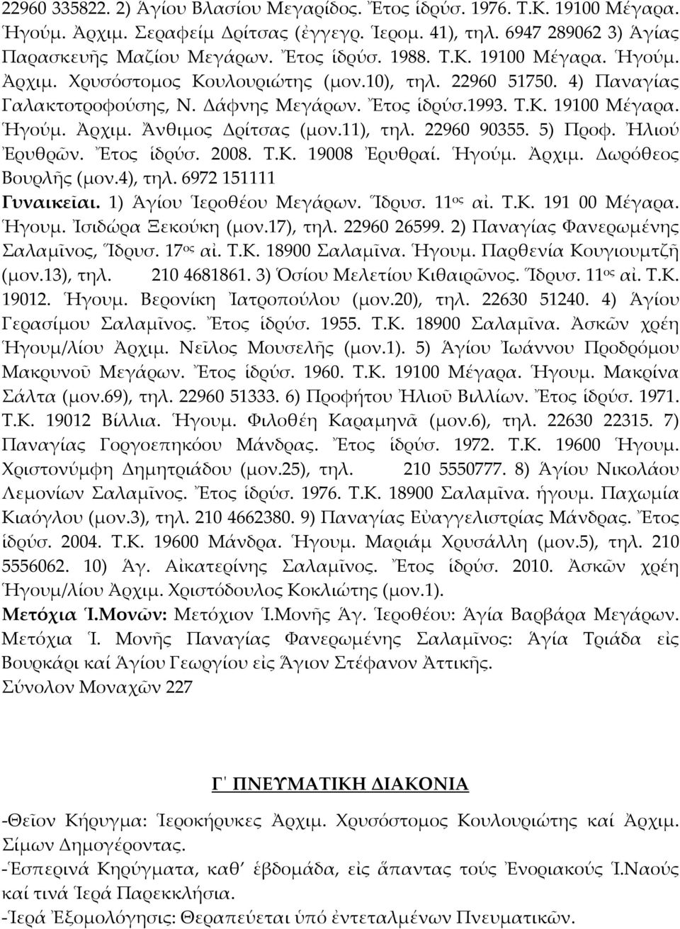 11), τηλ. 22960 90355. 5) Προφ. Ἠλιού Ἐρυθρῶν. Ἔτος ἱδρύσ. 2008. Τ.Κ. 19008 Ἐρυθραί. Ἡγούμ. Ἀρχιμ. Δωρόθεος Βουρλῆς (μον.4), τηλ. 6972 151111 Γυναικεῖαι. 1) Ἁγίου Ἱεροθέου Μεγάρων. Ἵδρυσ. 11 ος αἰ. Τ.Κ. 191 00 Μέγαρα.