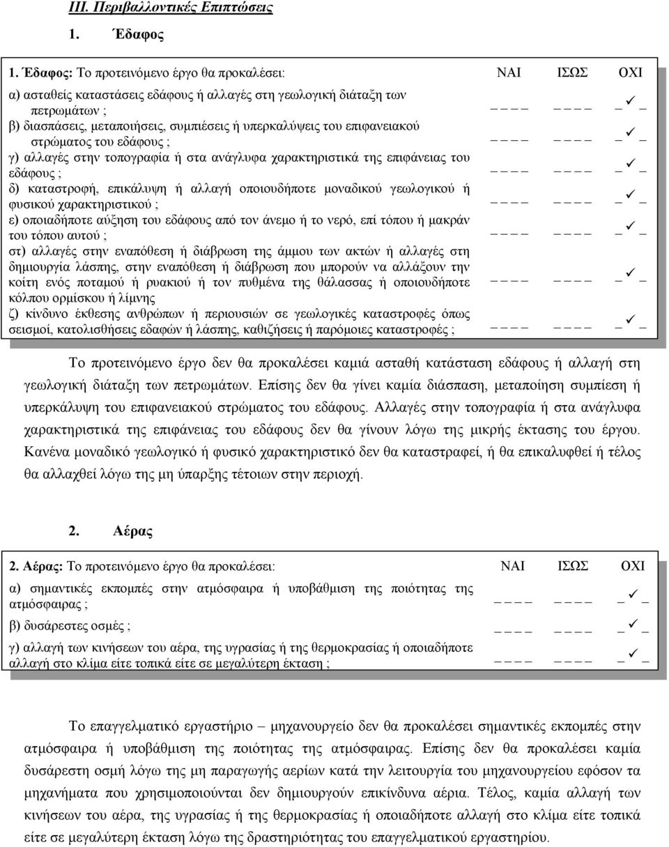 του επιφανειακού στρώματος του εδάφους ; _ _ γ) αλλαγές στην τοπογραφία ή στα ανάγλυφα χαρακτηριστικά της επιφάνειας του εδάφους ; _ _ δ) καταστροφή, επικάλυψη ή αλλαγή οποιουδήποτε μοναδικού