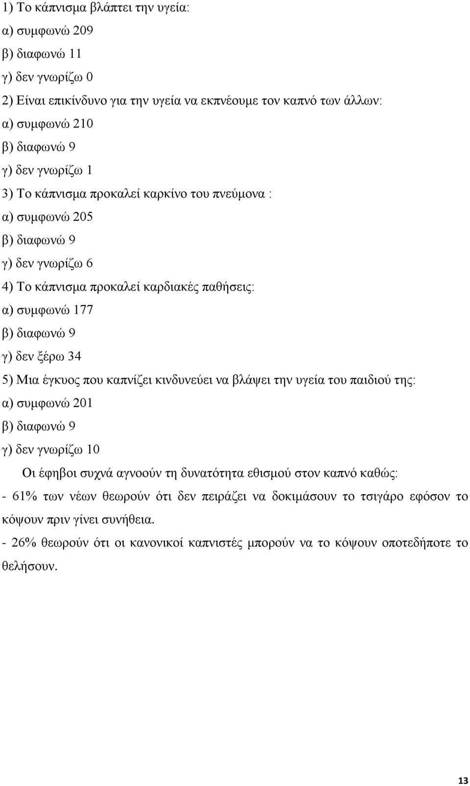 34 5) Μια έγκυος που καπνίζει κινδυνεύει να βλάψει την υγεία του παιδιού της: α) συμφωνώ 201 β) διαφωνώ 9 γ) δεν γνωρίζω 10 Οι έφηβοι συχνά αγνοούν τη δυνατότητα εθισμού στον καπνό καθώς: