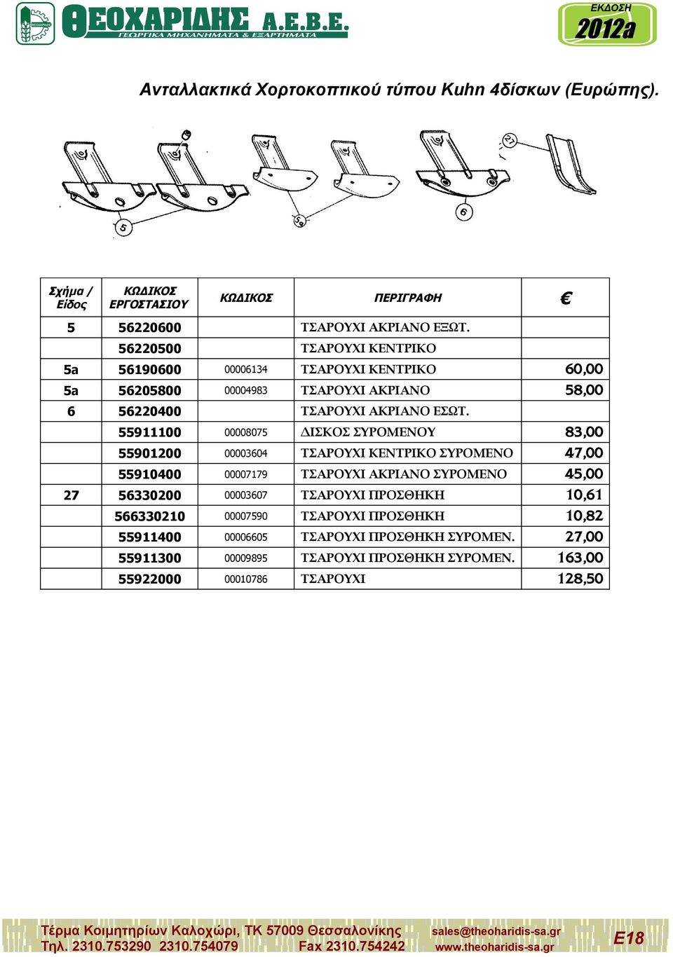 55911100 00008075 ΔΙΣΚΟΣ ΣΥΡΟΜΕΝΟΥ 55901200 00003604 ΤΣΑΡΟΥΧΙ ΚΕΝΤΡΙΚΟ ΣΥΡΟΜΕΝΟ 55910400 00007179 ΤΣΑΡΟΥΧΙ ΑΚΡΙΑΝΟ ΣΥΡΟΜΕΝΟ 56330200 00003607 ΤΣΑΡΟΥΧΙ