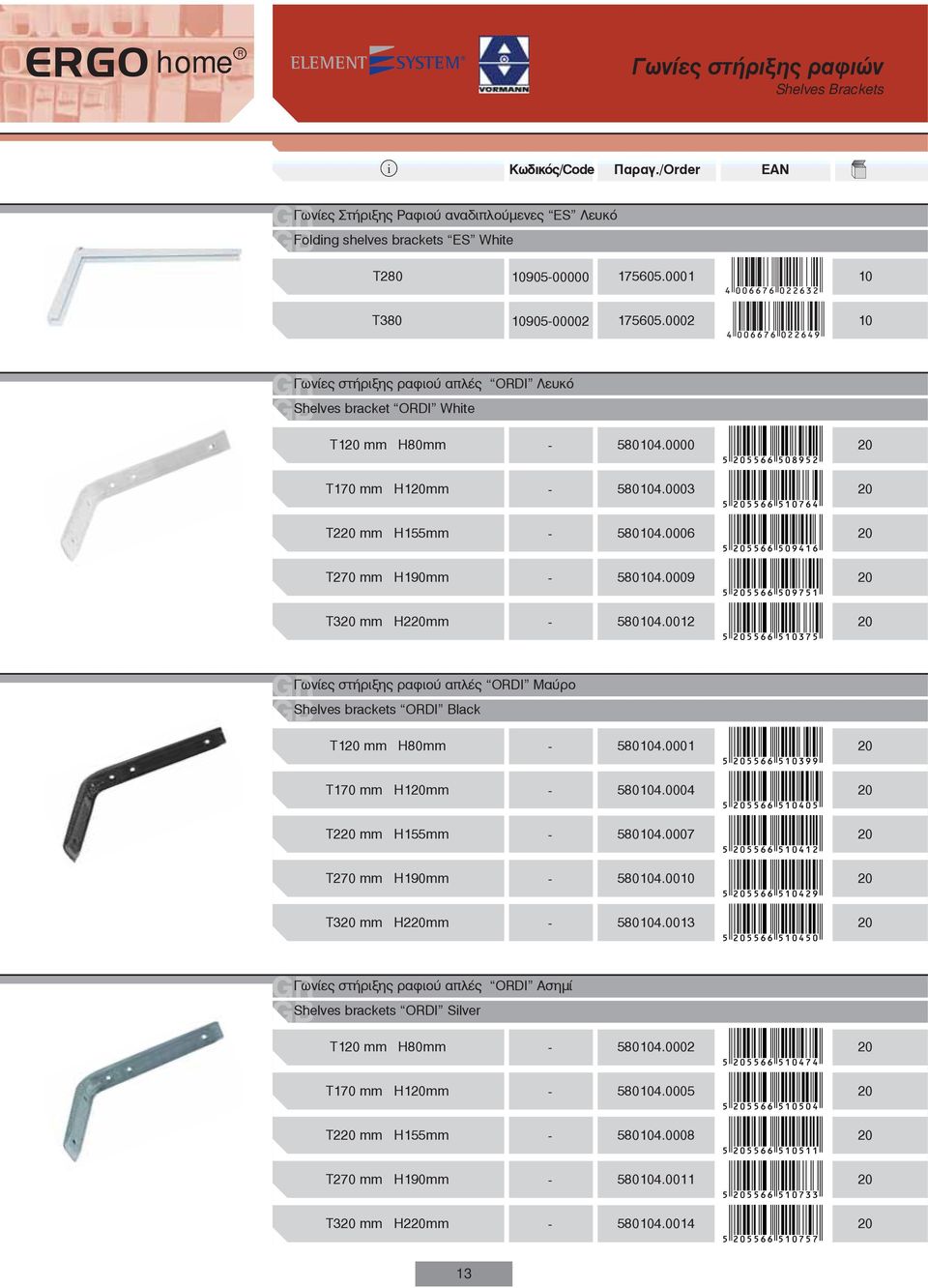 0009 20 Τ320 mm Η220mm 58004.002 20 Γωνίες στήριξης ραφιού απλές ODI Μαύρο Shelves brackets ODI Black Τ20 mm Η80mm 58004.000 20 Τ70 mm Η20mm 58004.0004 20 Τ220 mm Η55mm 58004.