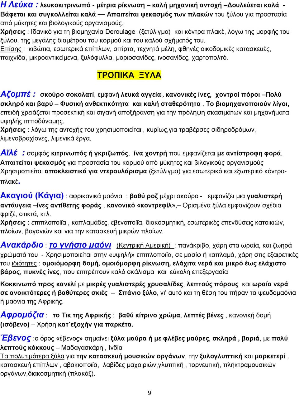 Επίσης : κιβώτια, εσωτερικά επίπλων, σπίρτα, τεχνητά µέλη, φθηνές οικοδοµικές κατασκευές, παιχνίδα, µικροαντικείµενα, ξυλόφυλλα, µοριοσανίδες, ινοσανίδες, χαρτoπολτό.