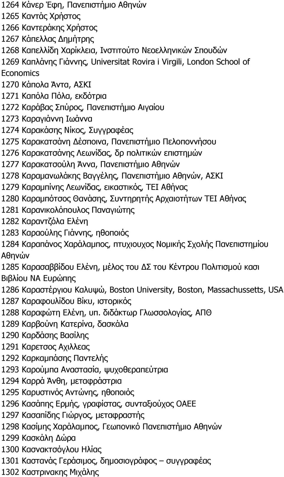 Καρακατσάνη Δέσποινα, Πανεπιστήμιο Πελοποννήσου 1276 Καρακατσάνης Λεωνίδας, δρ πολιτικών επιστημών 1277 Καρακατσούλη Άννα, Πανεπιστήμιο Αθηνών 1278 Καραμανωλάκης Βαγγέλης, Πανεπιστήμιο Αθηνών, ΑΣΚΙ