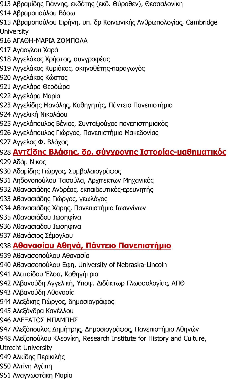 Αγγελάρα Θεοδώρα 922 Αγγελάρα Μαρία 923 Αγγελίδης Μανόλης, Καθηγητής, Πάντειο Πανεπιστήμιο 924 Αγγελική Νικολάου 925 Αγγελόπουλος Βένιος, Συνταξιούχος πανεπιστημιακός 926 Αγγελόπουλος Γιώργος,