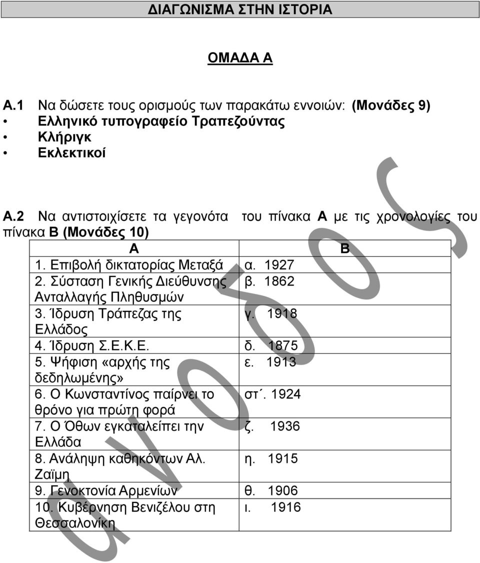 1862 Ανταλλαγής Πληθυσμών 3. Ίδρυση Τράπεζας της γ. 1918 Ελλάδος 4. Ίδρυση Σ.Ε.Κ.Ε. δ. 1875 5. Ψήφιση «αρχής της ε. 1913 δεδηλωμένης» 6. Ο Κωνσταντίνος παίρνει το στ.