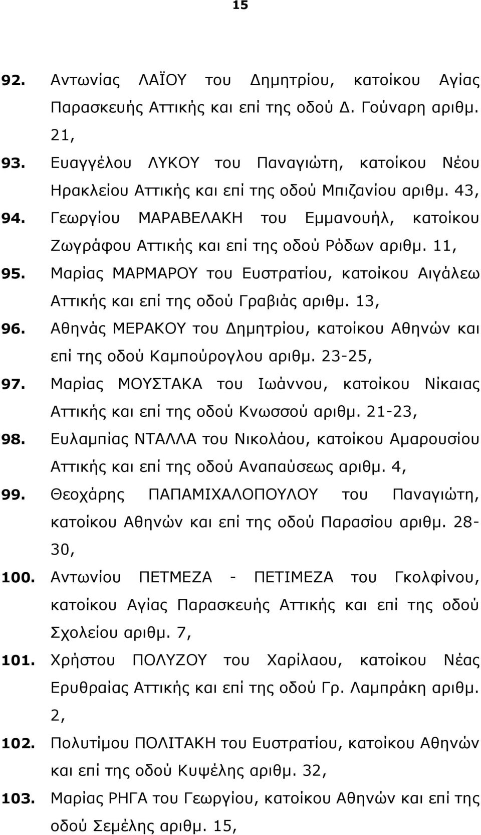 11, 95. Μαρίας ΜΑΡΜΑΡΟΥ του Ευστρατίου, κατοίκου Αιγάλεω Αττικής και επί της οδού Γραβιάς αριθμ. 13, 96. Αθηνάς ΜΕΡΑΚΟΥ του Δημητρίου, κατοίκου Αθηνών και επί της οδού Καμπούρογλου αριθμ. 23-25, 97.