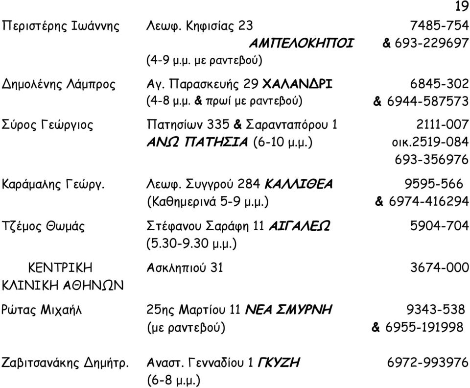 μ.) 2111-007 οικ.2519-084 693-356976 Καράμαλης Γεώργ. Τζέμος Θωμάς Λεωφ. Συγγρού 284 ΚΑΛΛΙΘΕΑ (Καθημερινά 5-9 μ.μ.) Στέφανου Σαράφη 11 ΑΙΓΑΛΕΩ (5.30-9.30 μ.μ.)