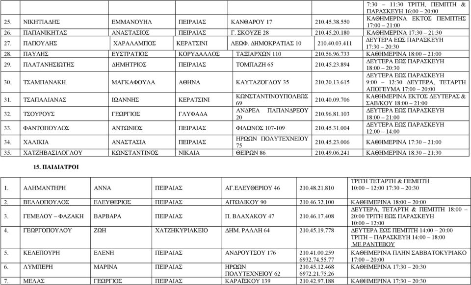 733 ΚΑΘΗΜΕΡΙΝΑ 18:00 21:00 29. ΠΛΑΤΑΝΗΣΙΩΤΗΣ ΔΗΜΗΤΡΙΟΣ ΠΕΙΡΑΙΑΣ ΤΟΜΠΑΖΗ 65 210.45.23.894 ΔΕΥΤΕΡΑ ΕΩΣ ΠΑΡΑΣΚΕΥΗ 18:00 20:30 30. ΤΣΑΜΠΑΝΑΚΗ ΜΑΓΚΑΦΟΥΛΑ ΑΘΗΝΑ ΚΑΥΤΑΖΟΓΛΟΥ 35 210.20.13.