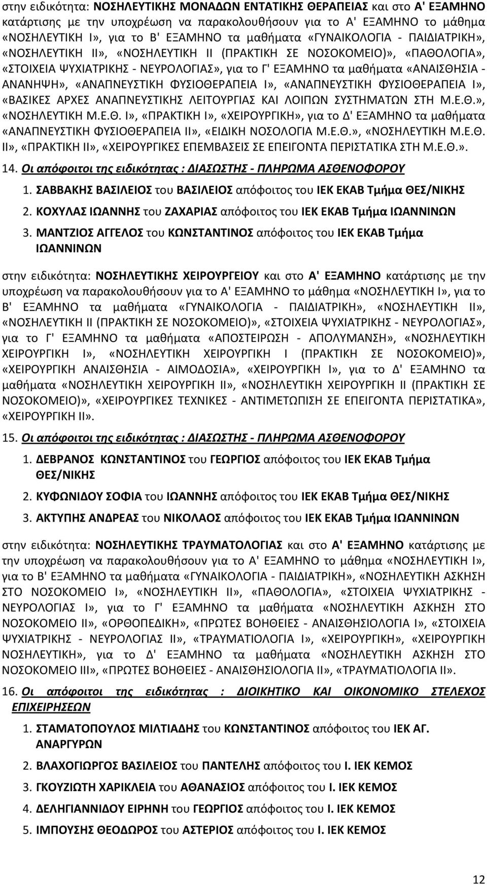 «ΑΝΑΠΝΕΥΣΤΙΚΗ ΦΥΣΙΟΘΕΡΑΠΕΙΑ Ι», «ΑΝΑΠΝΕΥΣΤΙΚΗ ΦΥΣΙΟΘΕΡΑΠΕΙΑ Ι», «ΒΑΣΙΚΕΣ ΑΡΧΕΣ ΑΝΑΠΝΕΥΣΤΙΚΗΣ ΛΕΙΤΟΥΡΓΙΑΣ ΚΑΙ ΛΟΙΠΩΝ ΣΥΣΤΗΜΑΤΩΝ ΣΤΗ Μ.Ε.Θ.», «ΝΟΣΗΛΕΥΤΙΚΗ Μ.Ε.Θ. Ι», «ΠΡΑΚΤΙΚΗ Ι», «ΧΕΙΡΟΥΡΓΙΚΗ», για το Δ' ΕΞΑΜΗΝΟ τα μαθήματα «ΑΝΑΠΝΕΥΣΤΙΚΗ ΦΥΣΙΟΘΕΡΑΠΕΙΑ ΙΙ», «ΕΙΔΙΚΗ ΝΟΣΟΛΟΓΙΑ Μ.