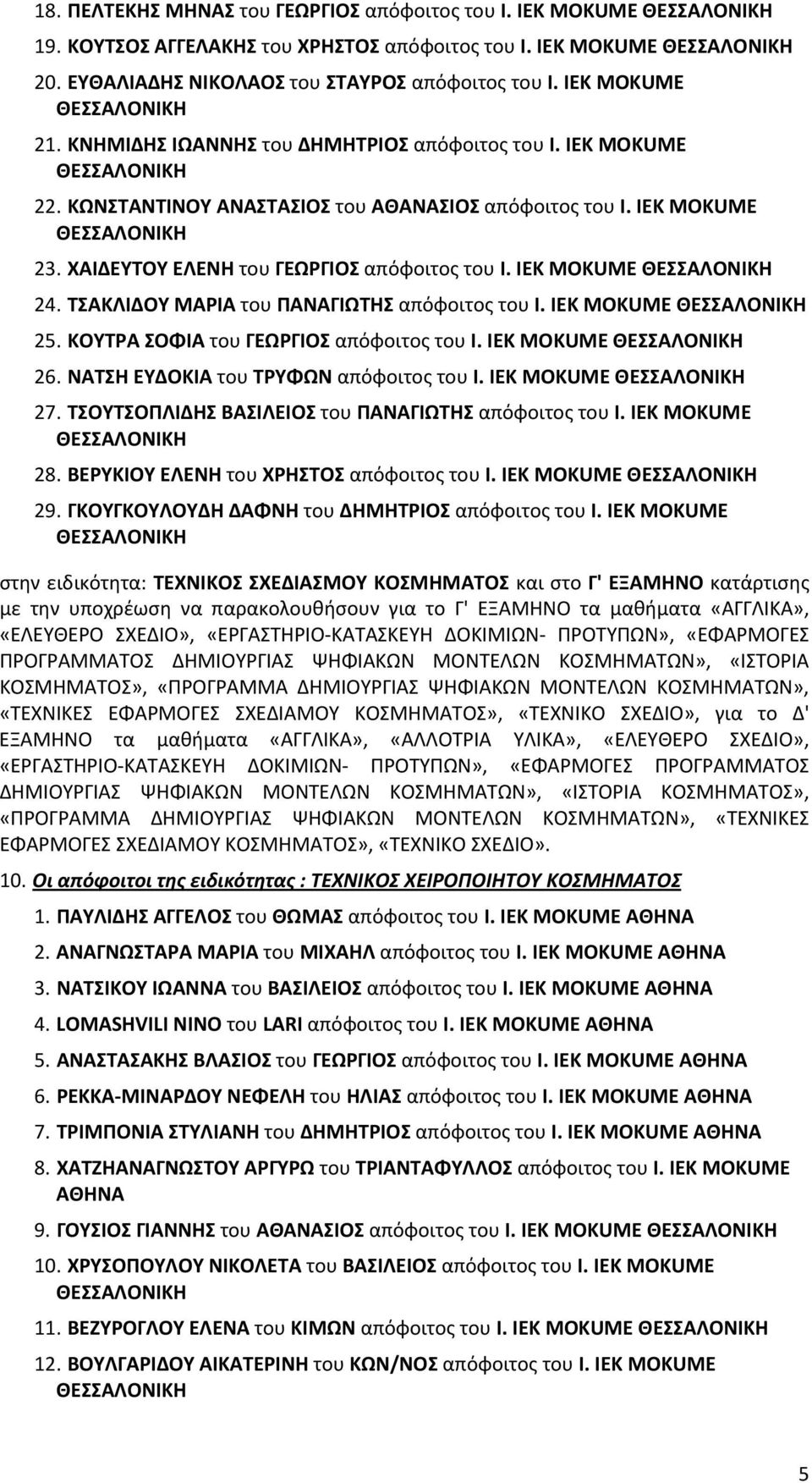 ΧΑΙΔΕΥΤΟΥ ΕΛΕΝΗ του ΓΕΩΡΓΙΟΣ απόφοιτος του Ι. IEK MOKUME ΘΕΣΣΑΛΟΝΙΚΗ 24. ΤΣΑΚΛΙΔΟΥ ΜΑΡΙΑ του ΠΑΝΑΓΙΩΤΗΣ απόφοιτος του Ι. IEK MOKUME ΘΕΣΣΑΛΟΝΙΚΗ 25. ΚΟΥΤΡΑ ΣΟΦΙΑ του ΓΕΩΡΓΙΟΣ απόφοιτος του Ι.