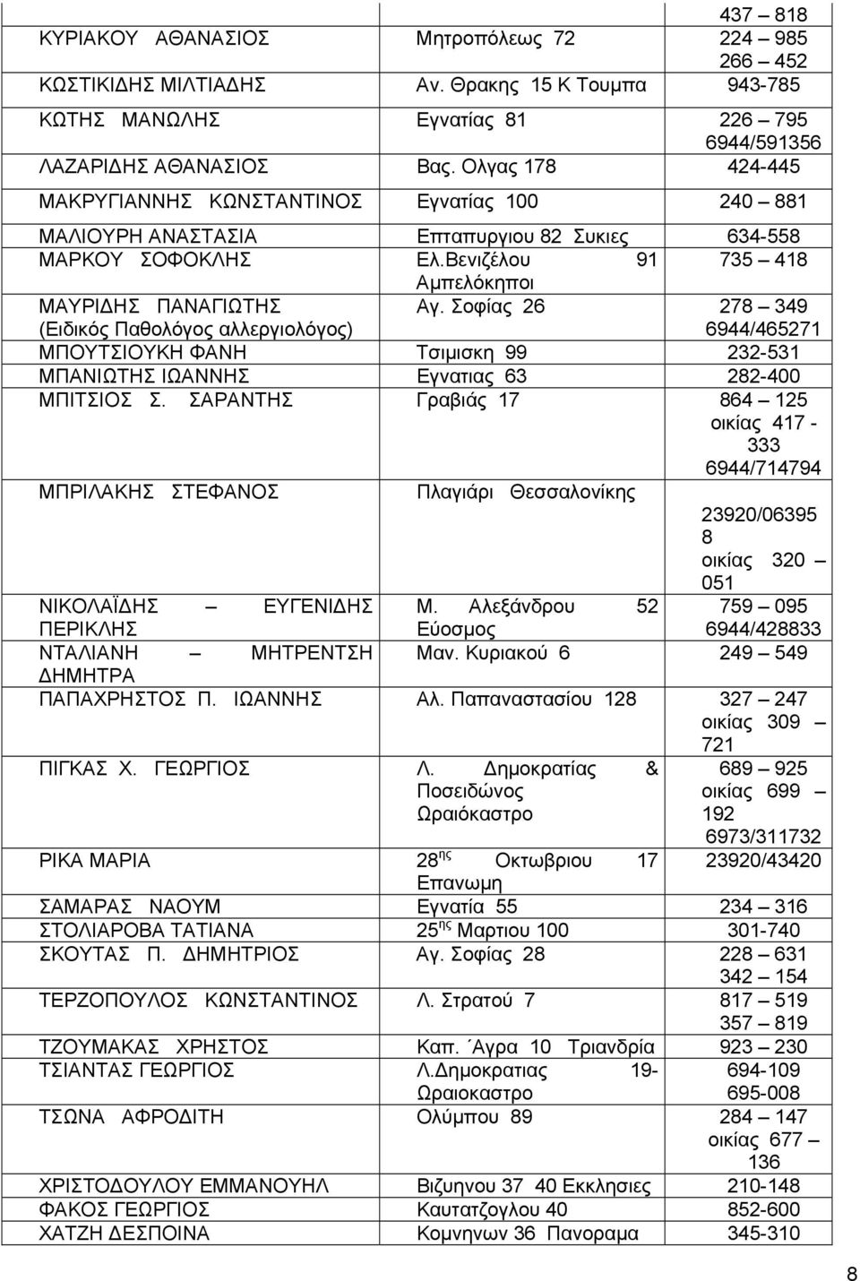 Βενιζέλου 91 735 418 Αμπελόκηποι ΜΑΥΡΙΔΗΣ ΠΑΝΑΓΙΩΤΗΣ (Ειδικός Παθολόγος αλλεργιολόγος) Αγ.