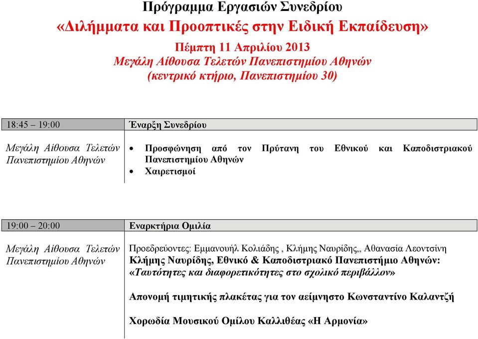 Εναρκτήρια Ομιλία Μεγάλη Αίθουσα Τελετών Πανεπιστημίου Αθηνών Προεδρεύοντες: Εμμανουήλ Κολιάδης, Κλήμης Ναυρίδης,, Αθανασία Λεοντσίνη Κλήμης Ναυρίδης, Εθνικό & Καποδιστριακό