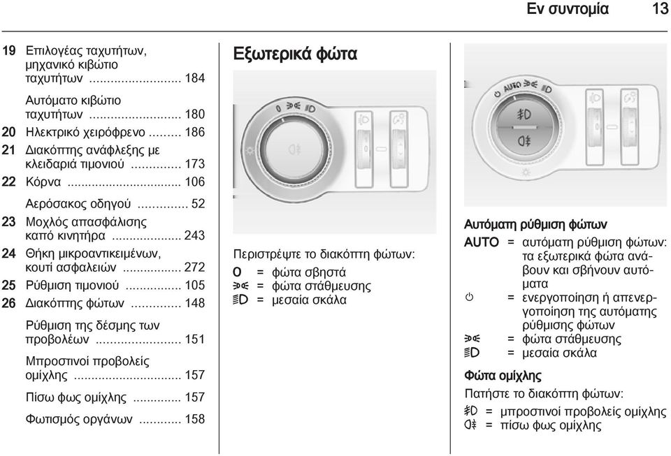 .. 148 Ρύθμιση της δέσμης των προβολέων... 151 Μπροστινοί προβολείς ομίχλης... 157 Πίσω φως ομίχλης... 157 Φωτισμός οργάνων.