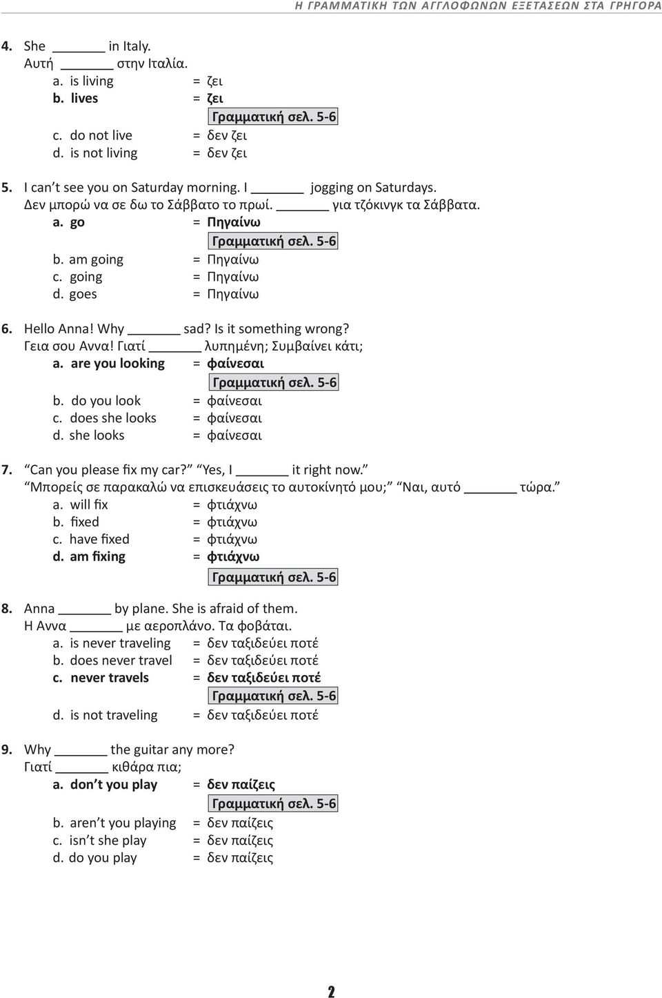 going = Πηγαίνω d. goes = Πηγαίνω 6. Hello Anna! Why sad? Is it something wrong? Γεια σου Άννα! Γιατί λυπημένη; Συμβαίνει κάτι; a. are you looking = φαίνεσαι Γραμματική σελ. 5-6 b.