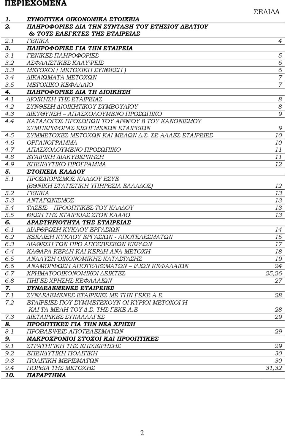 2 ΣΥΝΘΕΣΗ ΙΟΙΚΗΤΙΚΟΥ ΣΥΜΒΟΥΛΙΟΥ 8 4.3 ΙΕΥΘΥΝΣΗ ΑΠΑΣΧΟΛΟΥΜΕΝΟ ΠΡΟΣΩΠΙΚΟ 9 4.4 ΚΑΤΑΛΟΓΟΣ ΠΡΟΣΩΠΩΝ ΤΟΥ ΑΡΘΡΟΥ 8 ΤΟΥ ΚΑΝΟΝΙΣΜΟΥ ΣΥΜΠΕΡΙΦΟΡΑΣ ΕΙΣΗΓΜΕΝΩΝ ΕΤΑΙΡΕΙΩΝ 9 4.5 ΣΥΜΜΕΤΟΧΕΣ ΜΕΤΟΧΩΝ ΚΑΙ ΜΕΛΩΝ.Σ. ΣΕ ΑΛΛΕΣ ΕΤΑΙΡΕΙΕΣ 10 4.