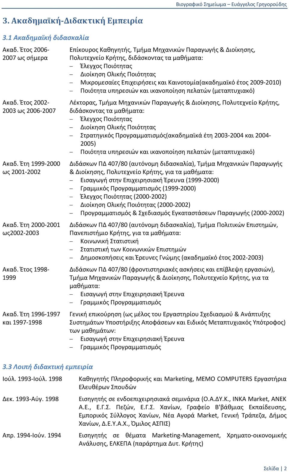 1994 Επίκουρος Καθηγητής, Τμήμα Μηχανικών Παραγωγής & Διοίκησης, Πολυτεχνείο Κρήτης, διδάσκοντας τα μαθήματα: Έλεγχος Ποιότητας Διοίκηση Ολικής Ποιότητας Μικρομεσαίες Επιχειρήσεις και