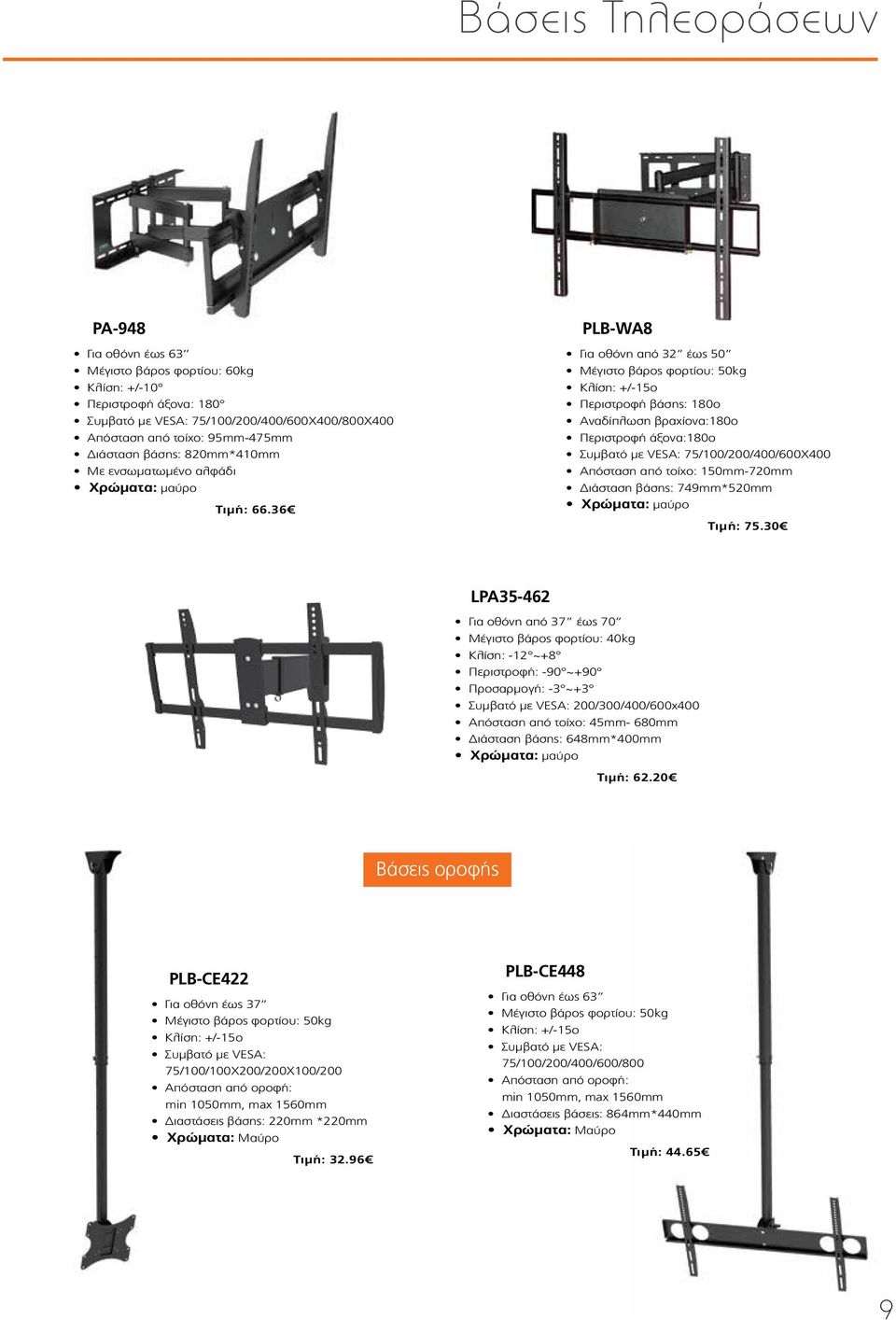 36 PLB-WA8 Για οθόνη από 32 έως 50 Μέγιστο βάρος φορτίου: 50kg Κλίση: +/-15o Περιστροφή βάσης: 180o Αναδίπλωση βραχίονα:180ο Περιστροφή άξονα:180ο Συμβατό με VESA: 75/100/200/400/600Χ400 Απόσταση από