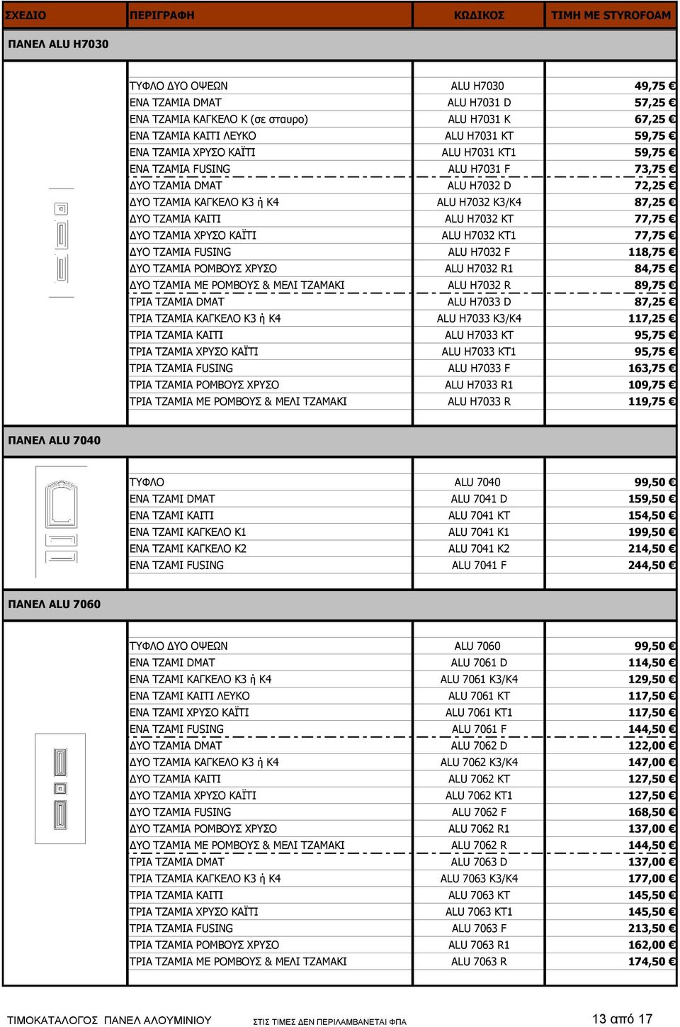 H7032 KT1 77,75 ΥΟ ΤΖΑΜΙΑ FUSING ALU H7032 F 118,75 ΥΟ ΤΖΑΜΙΑ ΡΟΜΒΟΥΣ ΧΡΥΣΟ ALU H7032 R1 84,75 ΥΟ ΤΖΑΜΙΑ ΜΕ ΡΟΜΒΟΥΣ & ΜΕΛΙ TZAMAKI ALU H7032 R 89,75 ΤΡΙΑ ΤΖΑΜΙΑ DMAT ALU H7033 D 87,25 ΤΡΙΑ ΤΖΑΜΙΑ