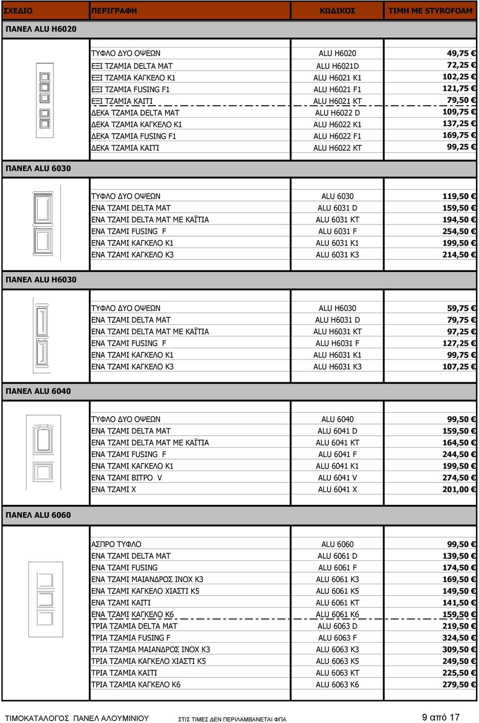 6030 119,50 ΕΝΑ ΤΖΑΜΙ DELTA MAT ALU 6031 D 159,50 ΕΝΑ ΤΖΑΜΙ DELTA MAT ΜΕ ΚΑΪΤΙΑ ALU 6031 KT 194,50 ΕΝΑ ΤΖΑΜΙ FUSING F ALU 6031 F 254,50 ΕΝΑ ΤΖΑΜΙ ΚΑΓΚΕΛΟ K1 ALU 6031 K1 199,50 ΕΝΑ ΤΖΑΜΙ ΚΑΓΚΕΛΟ K3