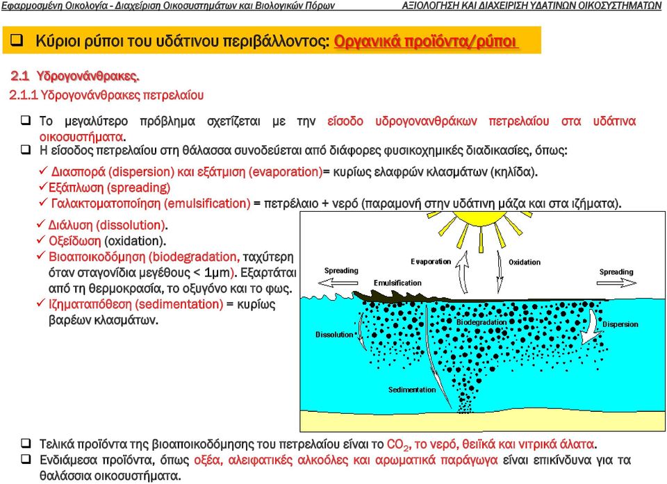 Εξάπλωση (spreading) Γαλακτοματοποίηση (emulsification) = πετρέλαιο + νερό (παραμονή στην υδάτινη μάζα και στα ιζήματα). Διάλυση (dissolution). Οξείδωση (oxidation).